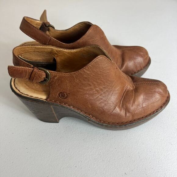 BORN Mule Clog Women's 8M Brown Leather Slingback Boho Wedge Heels Split Toe - Picture 1 of 14